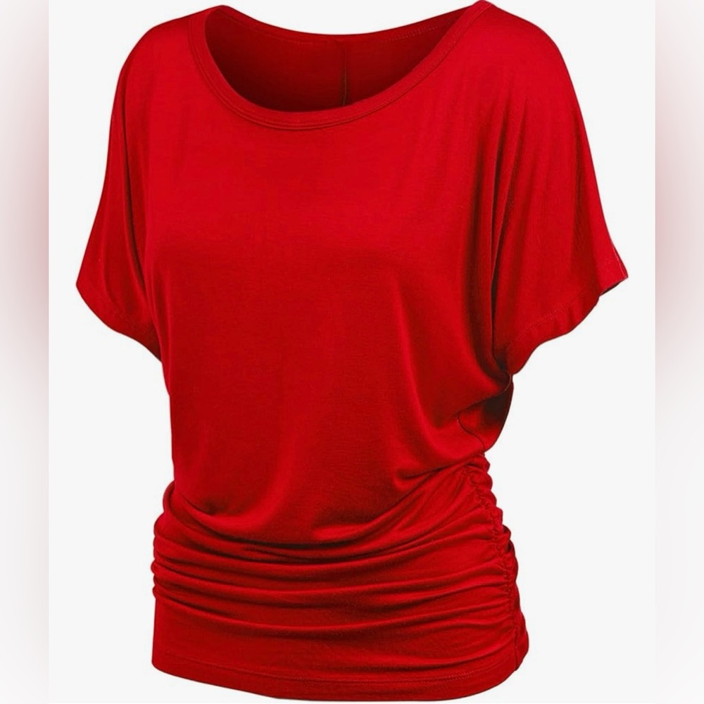 Casual Solid Short Sleeve Boat Neck Dolman Top with Side Shirring -red